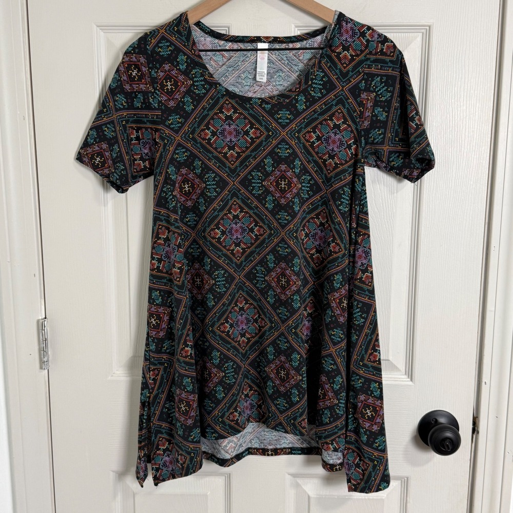 LuLaRoe Tunic Womens XXS Black Multi Geometric Diamond Swing High Low